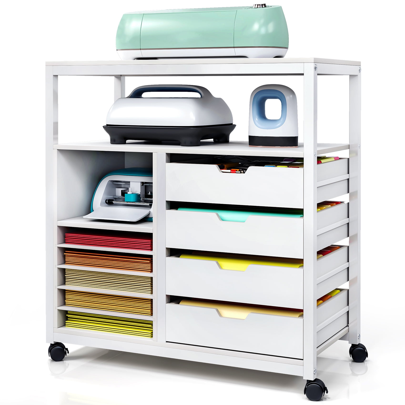 TC-HOMENY Mobile Craft Storage Utility Cart Compatible w/ Cricut Machines, Multifunctional Craft Organizer Container w/ Large Space, Rolling Modern Furniture w/ Wheels, White