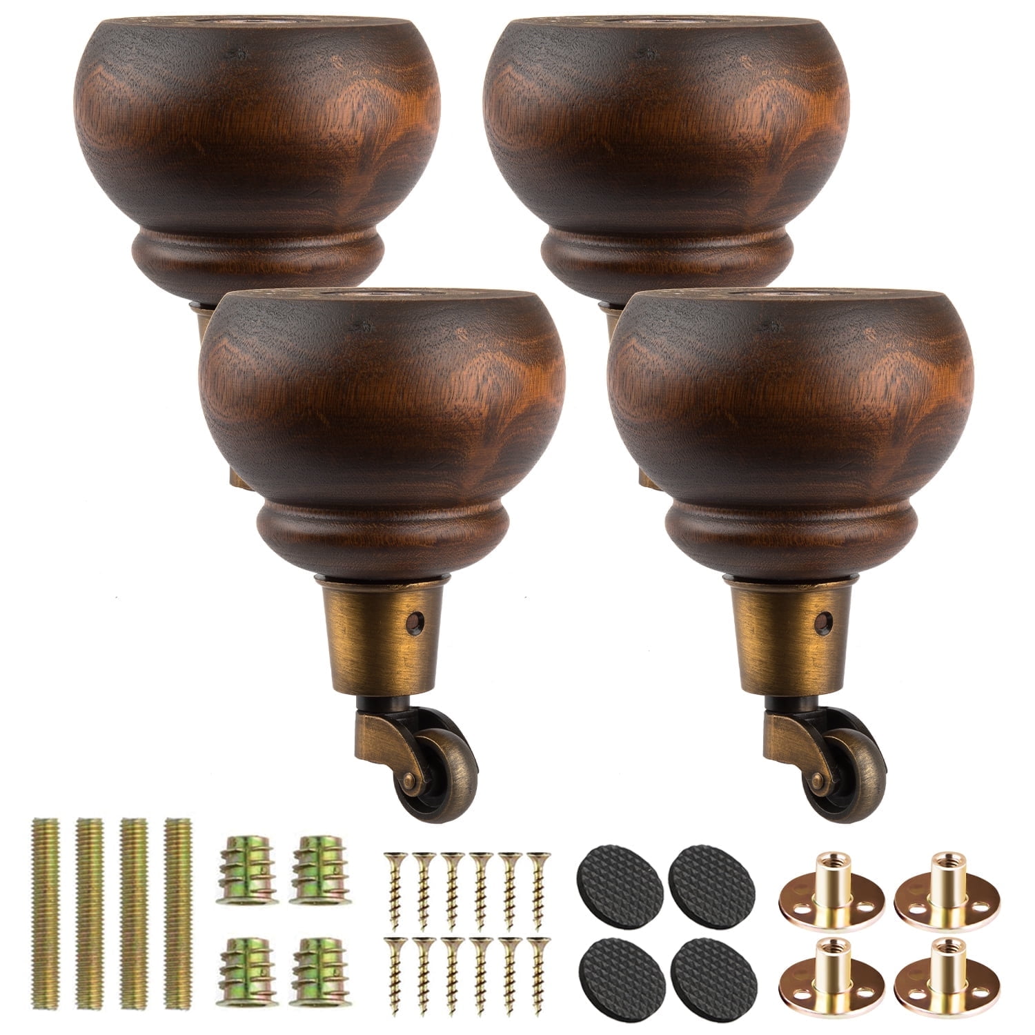 TCHOSUZ 6 inch/15 cm houten meubelpoten, 4 stuks klassiek glazuur massief hout gedraaide doe-het-zelf vervangende broodpoten met M8 hangerbouten en T-moeren voor bank, bank, kast, buffet, tafel