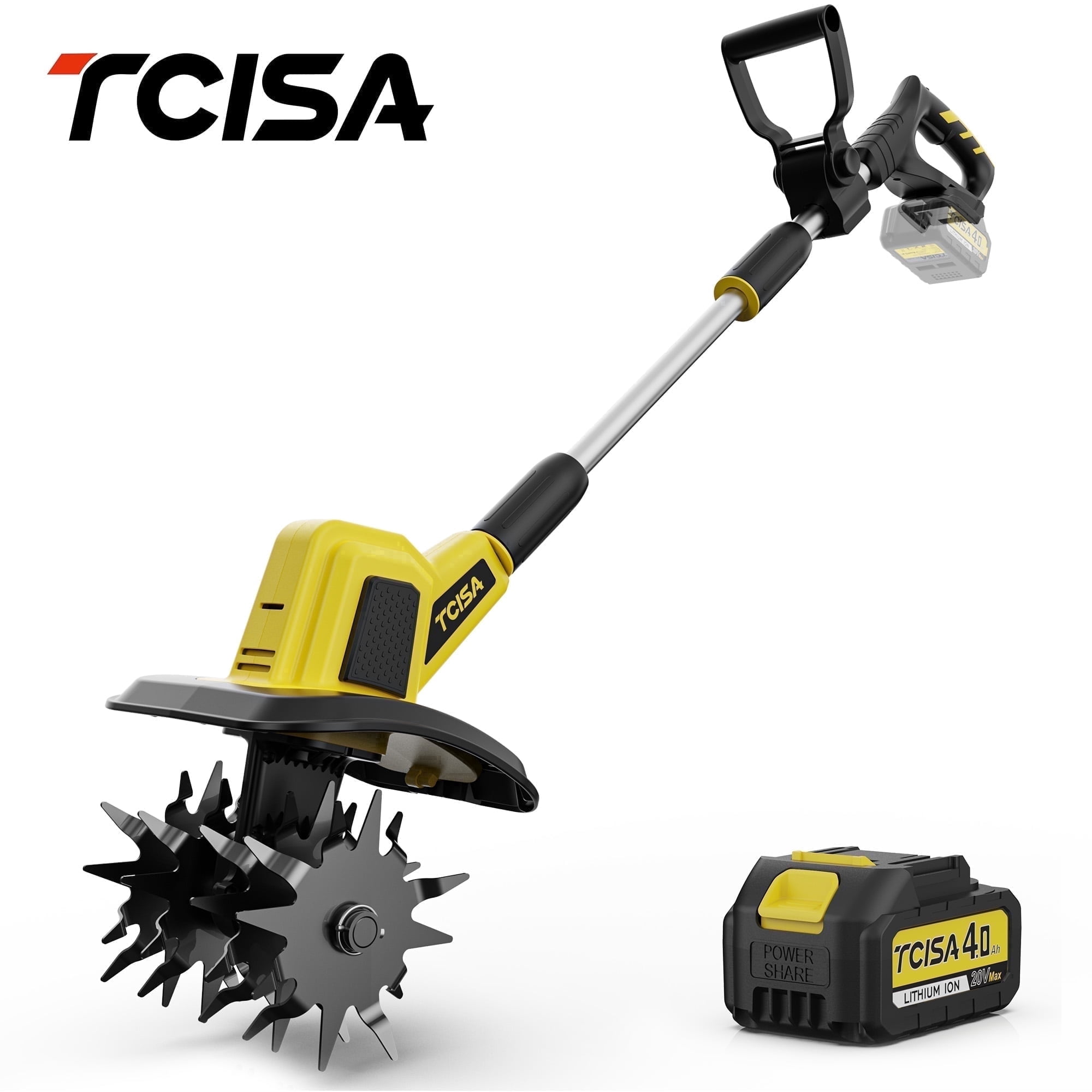 TCISA 20V Cordless Electric Tiller, 9-Inch Width, 300 RPM Battery Powered Garden Cultivator for Soil Tilling and Weeding