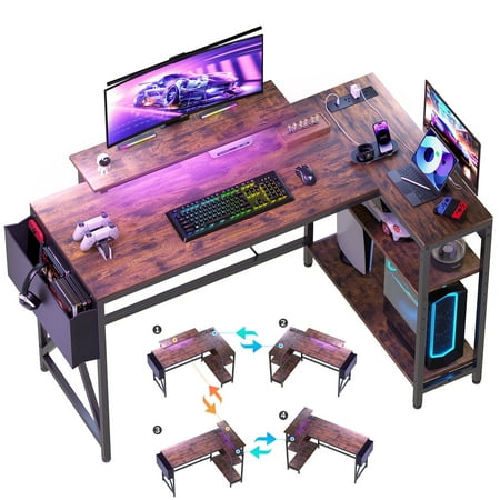Eunon 52" Gaming Desk with LED Lights L Shaped Desk with Power Outlets Adjustable Monitor Stand Corner Computer Desk, Rustic