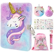 TCJJ Kids Unicorn Diary with Lock and Key,Tie-Dye Fuzzy Journal for Girls Ages 6 And Up,Hardcover Notebook with 160 Pages,Cute Stationery Unicorn Gift for Girls, Christmas Birthday Gift for Girls