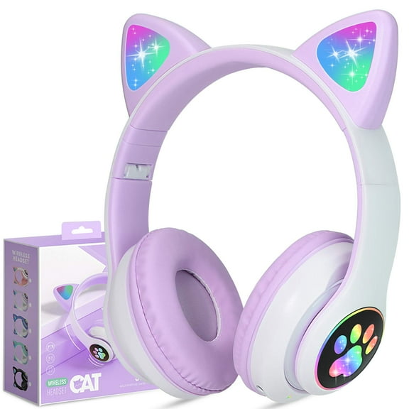 TCJJ Kids Wireless Headphones Cat Ear LED Light Up Bluetooth Foldable Headphones Over Ear with Microphone for Girls Boys School Online Learning (Purple)