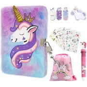 TCJJ Unicorn Diary with Lock and Keys,Tie-Dye Travel Journal with 160 Pages,Hardcover Fuzzy Notebook for Writing and Drawing,Unicorn Gifts