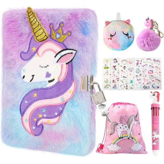 TCJJ Unicorn Diary with Lock and Key,Tie-Dye Fuzzy Journal, Hardcover Notebook with 160 Pages,Cute Stationery Unicorn Gift, Christmas Birthday Gift