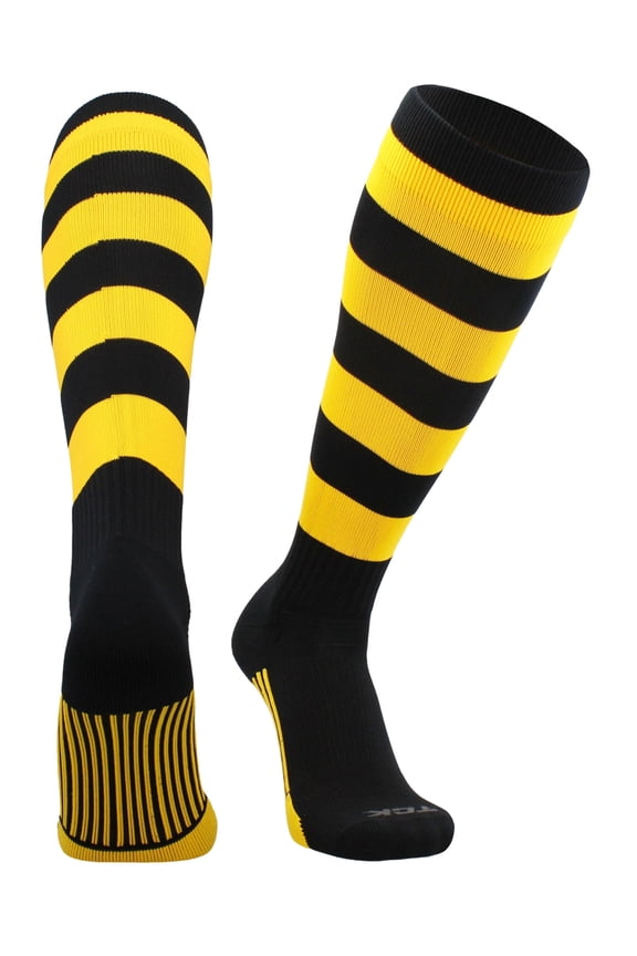 4 Stripe Hoop Soccer Rugby Socks (Black/Gold, X-Large)