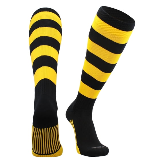 4 Stripe Hoop Soccer Rugby Socks (Black/Gold, X-Large)
