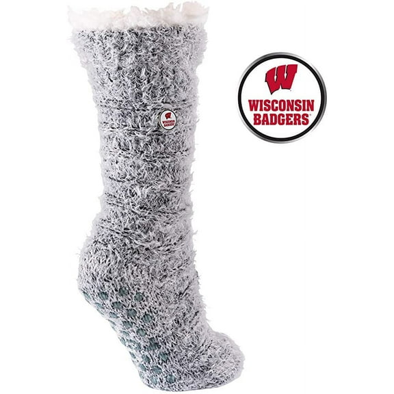 TCK Brands University of Wisconsin Badgers Snow Christie Yarn Sherpa Fleece Lined Cozy Slipper Sock with Non-Skid Grippers