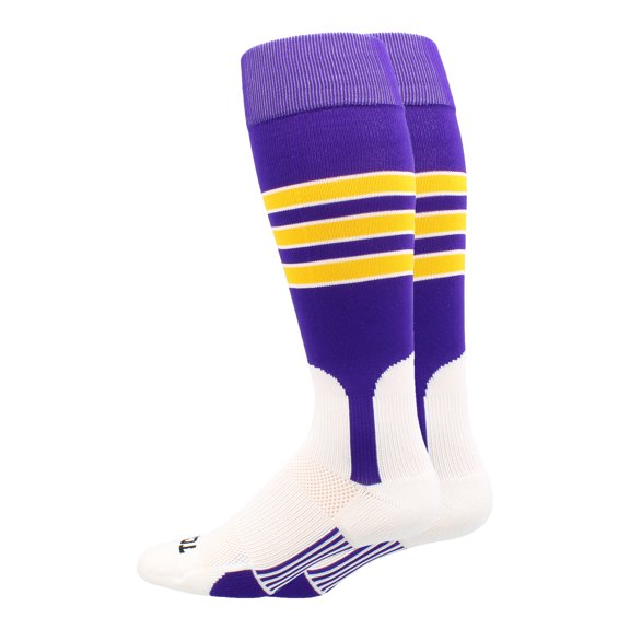TCK Baseball Stirrup Socks with Stripes - Purple/White/Gold, Large