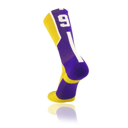 TCK Player ID Jersey Number Crew Socks Gold Purple Singles (Small, #9 - Single Sock)