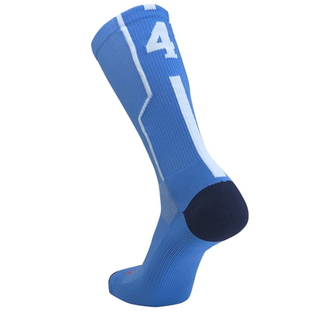 TCK Player ID Jersey Number Single Crew Sock - Carolina Blue White (Large, #4 - Single Sock)