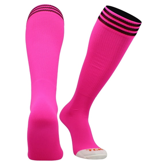 TCK Prosport Kids Soccer Socks – Long Striped Tube Socks for Boys, Girls, Football & Softball (Hot Pink/Black, Large)