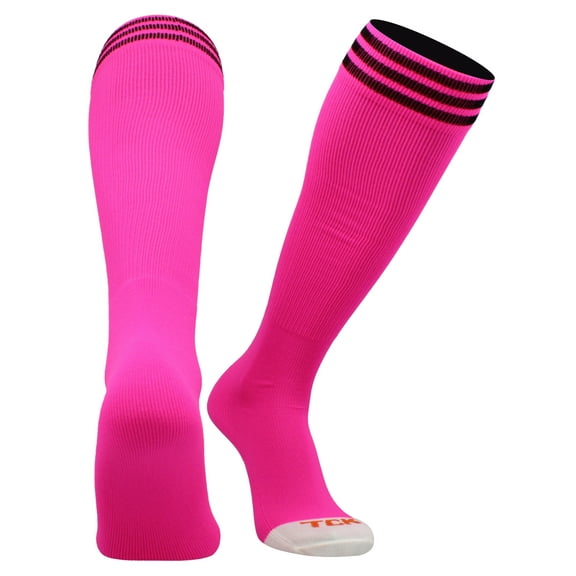 TCK Prosport Kids Soccer Socks – Long Striped Tube Socks for Boys, Girls, Football & Softball (Hot Pink/Black, Small)