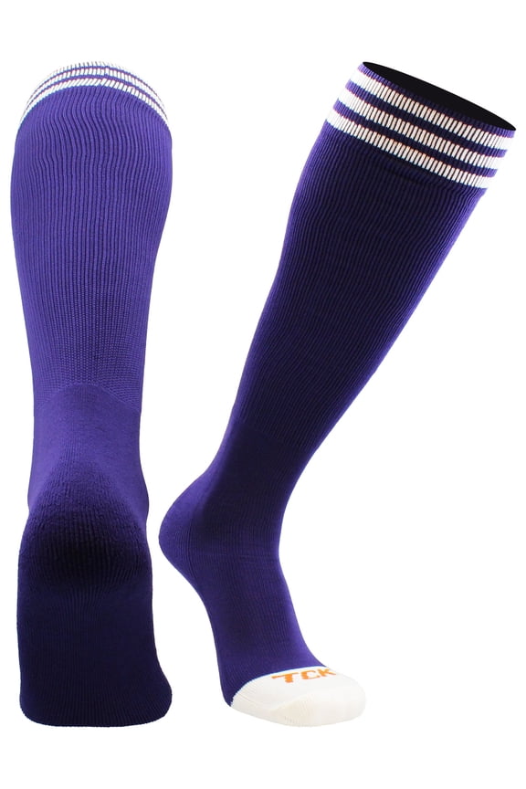 Prosport Kids Soccer Socks – Long Striped Tube Socks for Boys, Girls, Football & Softball (Purple/White, Medium)