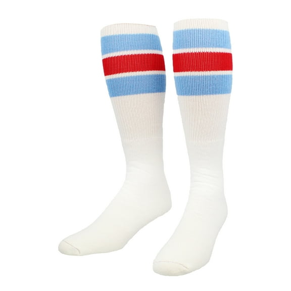 TCK Retro 3 Stripe Tube Socks (Columbia Blue/Scarlet, Large)