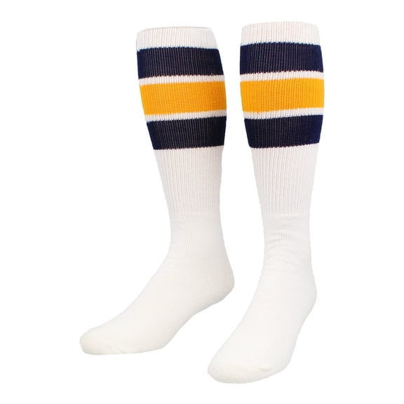 TCK Retro 3 Stripe Tube Socks (Navy/Gold, Large)