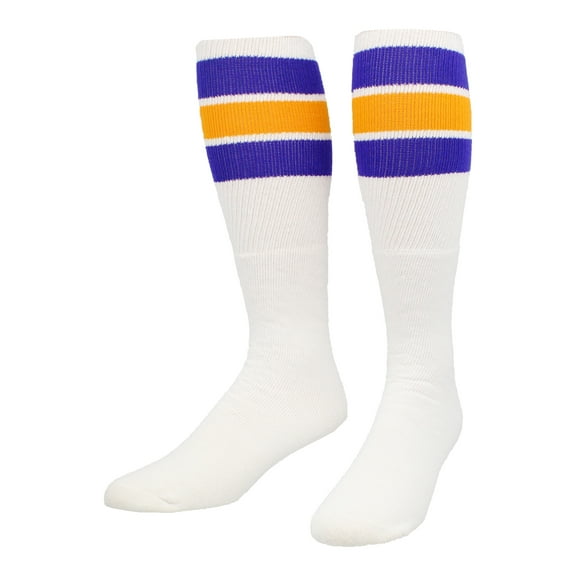 TCK Retro 3 Stripe Tube Socks (Purple/Gold, Large)