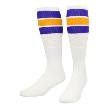 TCK Retro 3 Stripe Tube Socks (Purple/Gold, Medium)