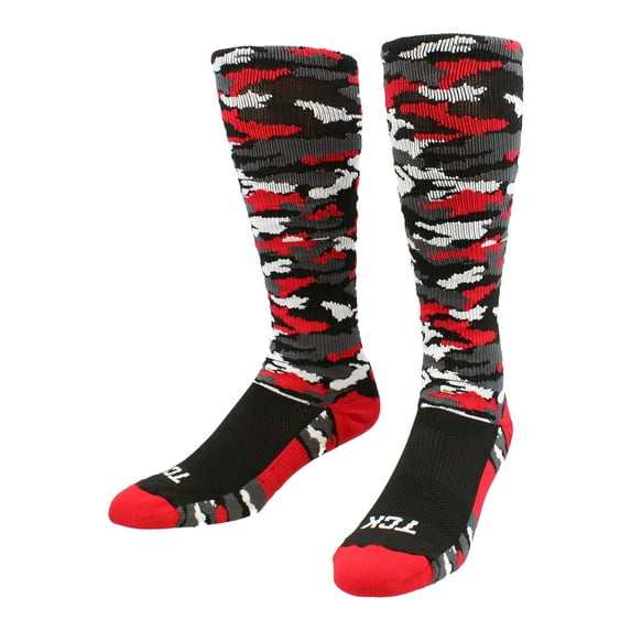 TCK Sports Elite Performance Over The Calf Camo Socks (Black/Scarlet Camo, Small)