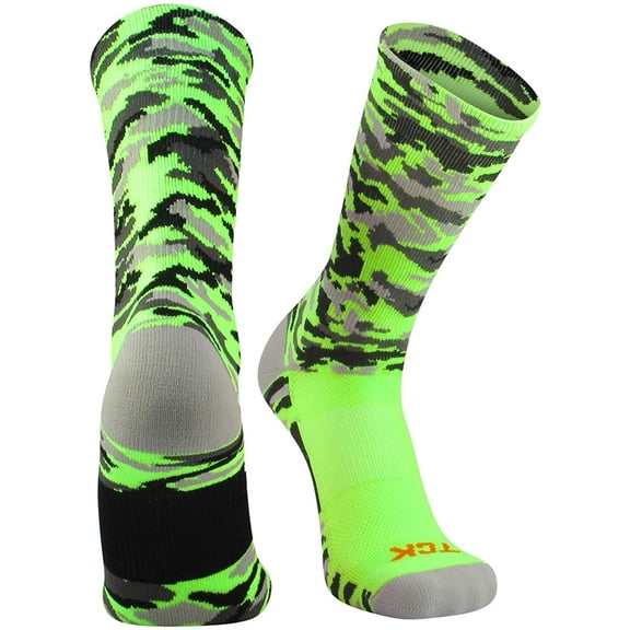TCK Woodland Camo Crew Socks (Neon Green Camo, Large)