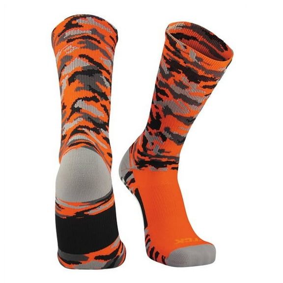TCK Woodland Camo Elite Basketball Football Lacrosse proDRI Crew Socks (Orange, Small)