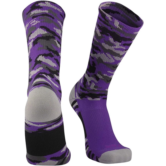 TCK Woodland Camo Elite Basketball Football Lacrosse proDRI Crew Socks (Purple, Medium)