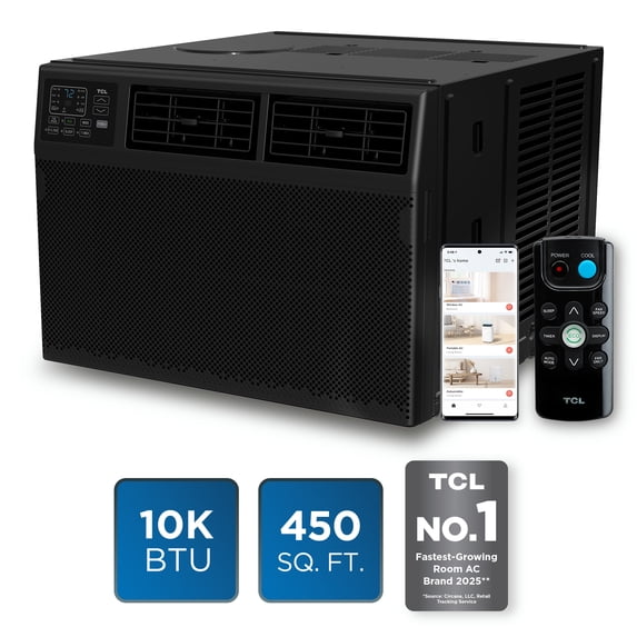 TCL 10,000 BTU Smart Window Air Conditioner (Black) - 3-in-1 AC, Fan & Dehumidifier, App, Voice, & Remote Control, Sleep & Eco Mode, Timer, Washable Filter, Cools up to 450 Sq ft - W10W92-B4