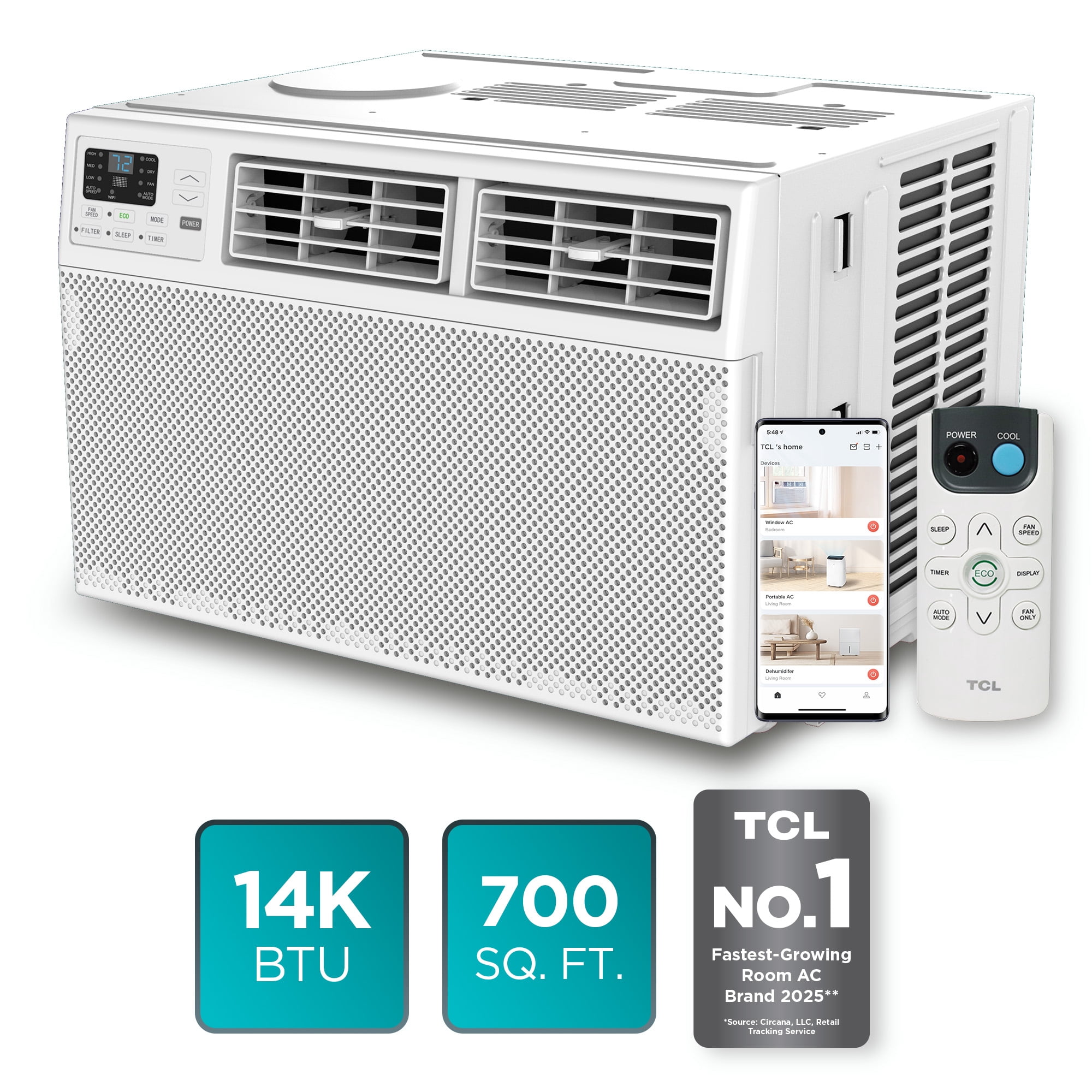 TCL 14,000 BTU Smart Window Air Conditioner (White) - 3-in-1 AC, Fan & Dehumidifier, App, Voice, & Remote Control, Sleep & Eco Mode, Timer, Washable Filter, Cools up to 700 Sq ft - W14W92-4