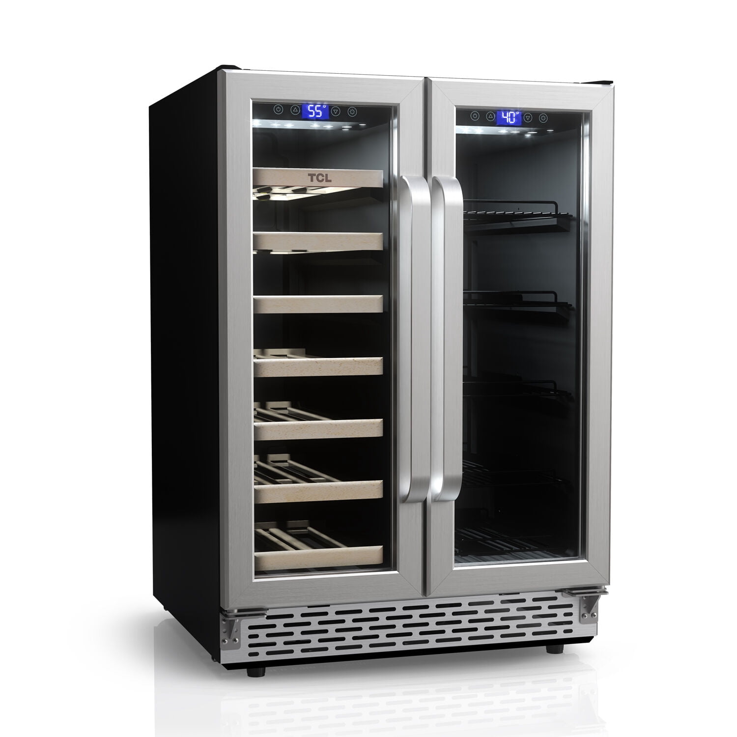 TCL Stainless Steel Double Door 20 Bottle 78 Can Dual Zone Wine & Beverage Cooler, 5.3 Cu. Ft.