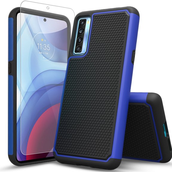 TCL 20 Pro 5G Case, [Not Fit TCL 20S] Military Grade 6 Feet Drop Test Protection Dual Layer Cover with [Temerped Glass Screen Protector]-Blue