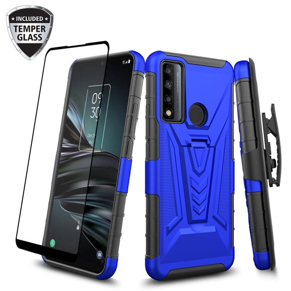 TCL 20 XE Case with Tempered Glass Screen Protector Hybrid Cover Kickstand Phone Belt Clip Holster - Blue