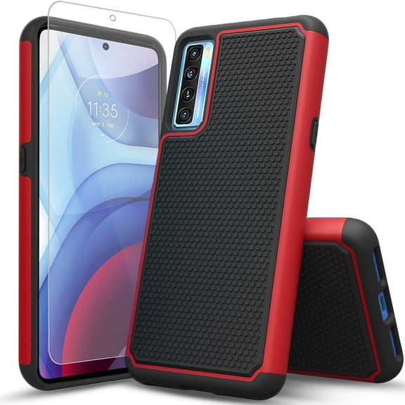 TCL 20S Case, [Not Fit TCL 20L/20 Pro] Military Grade 6 Feet Drop Test Protection Dual Layer Cover with [Temerped Glass Screen Protector]-Red