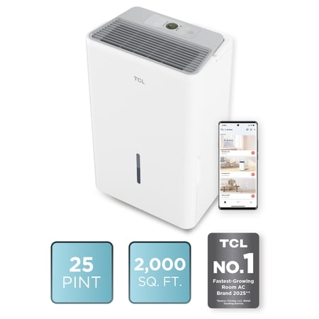 TCL 25 Pint Smart Dehumidifier (White) - Energy Star Certified, Precise Humidity Control, Quiet Operation, Bucket and Continuous Drain, Compact & Portable Design, Rooms up to 2,000 sq ft - W25D93W