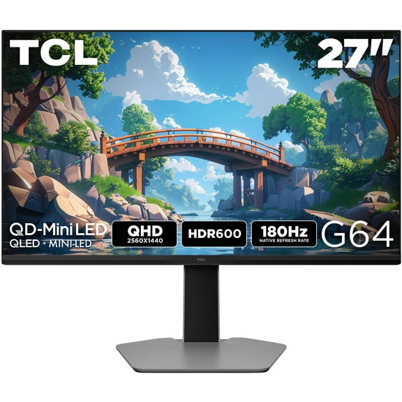 TCL 27” G64 Series QHD HDR QD-Mini LED Gaming Monitor, 180Hz Refresh Rate, LD180 Precise Dimming Series, HDR600 Brightness, 1ms, AMD FreeSync - 27G64