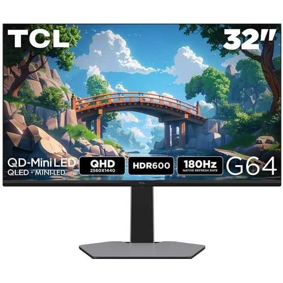 TCL 32” G64 Series QHD HDR QD-Mini LED Gaming Monitor, 180Hz Refresh Rate, LD336 Precise Dimming Series, HDR600 Brightness, 1ms, AMD FreeSync