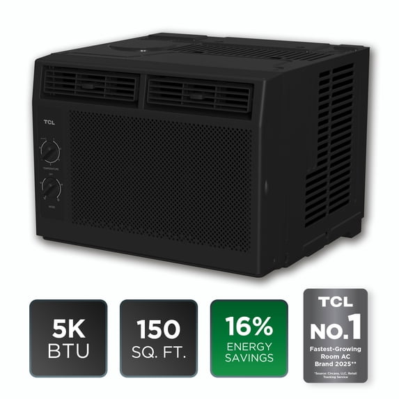 TCL 5,000 BTU Mechanical Window Air Conditioner (Black) - Two-in-One Cooling & Fan, 7 Temperature Settings, Dual Fan & Cooling Speeds, Compact Fit, Washable Filter, Cools up to 150 Sq ft - W5WM-B3
