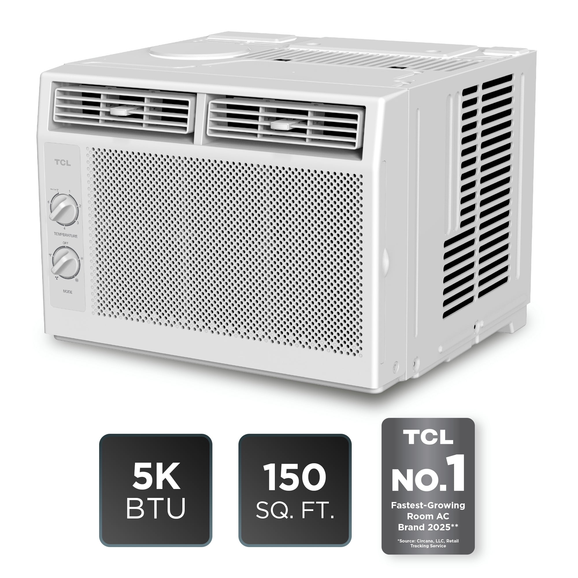 TCL 5,000 BTU Mechanical Window Air Conditioner (White) - Two-in-One Cooling & Fan, 7 Temperature Settings, Dual Fan & Cooling Speeds, Compact Fit, Washable Filter, Cools up to 150 Sq ft - W5WM-3
