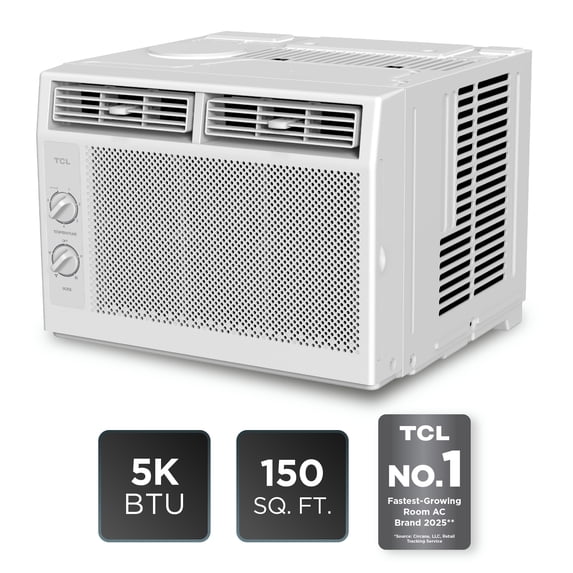TCL 5,000 BTU Mechanical Window Air Conditioner (White) - Two-in-One Cooling & Fan, 7 Temperature Settings, Dual Fan & Cooling Speeds, Compact Fit, Washable Filter, Cools up to 150 Sq ft - W5WM-3