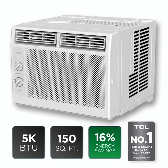 TCL 5,000 BTU Mechanical Window Air Conditioner (White) - Two-in-One Cooling & Fan, 7 Temperature Settings, Dual Fan & Cooling Speeds, Compact Fit, Washable Filter, Cools up to 150 Sq ft - W5WM-3