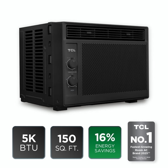 TCL 5,000 BTU Window Air Conditioner (Black) - Cools up to 150 Sq ft, High-Efficiency Cooling Technology, 2-in-1 Cooling & Fan, 7 Temperature Settings, Compact Fit, Washable Filter - W5WC72M-B