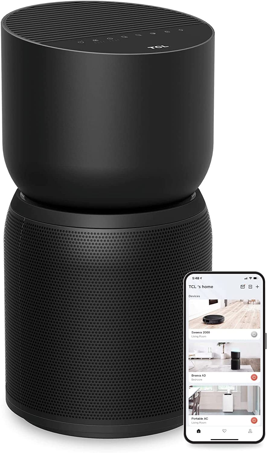 TCL Breeva A3 Smart Air Purifier, up to 1230 sq. ft., 5-Stage Filtration System, True HEPA (H13) Removes 99.97% of Dust / Bacteria / Odors, App & Voice Control, Ultra-Quiet, Black, A315B