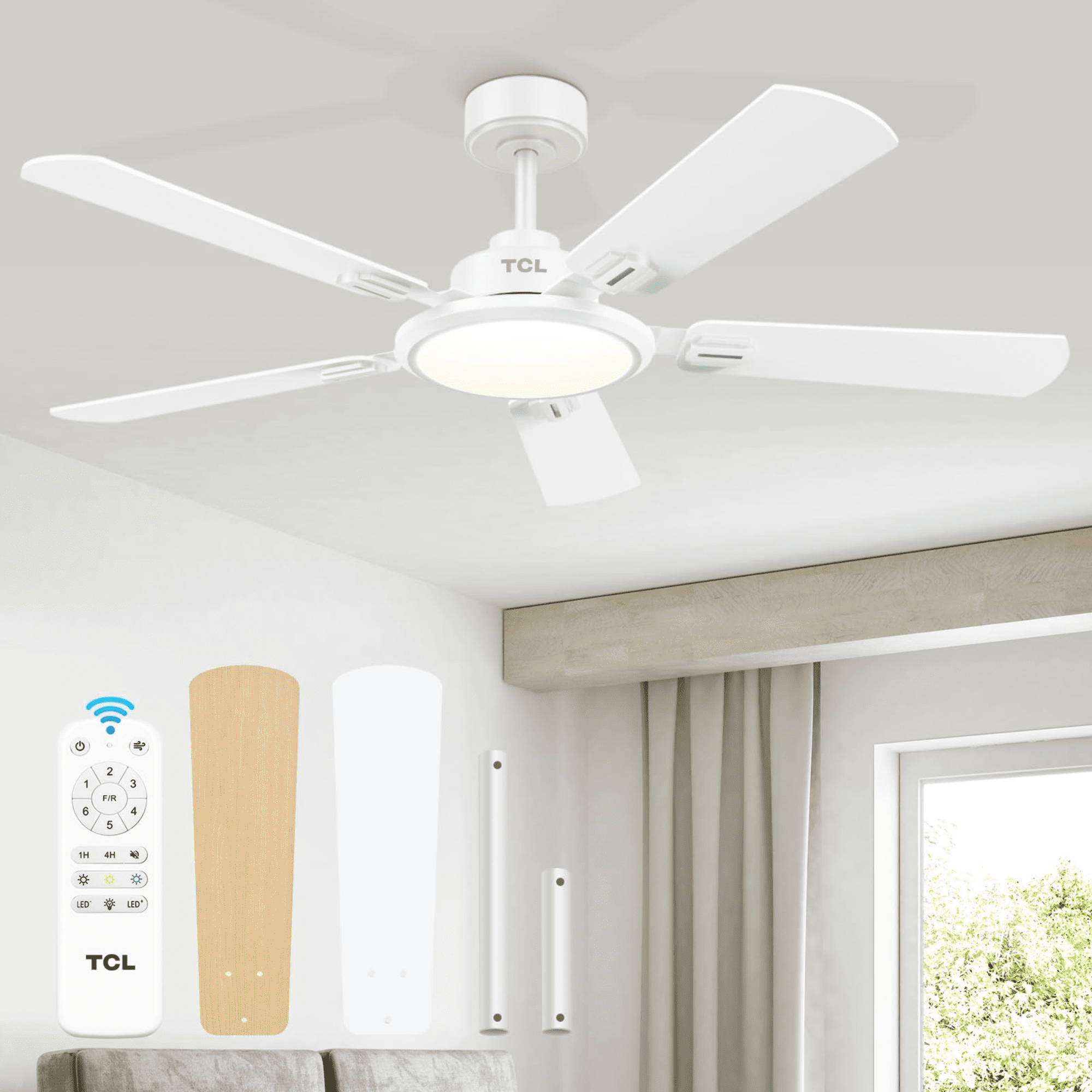 TCL Ceiling Fans with Lights, 52 Inch Ceiling Fan with Light and Remote Control, Reversible DC Motor, Noiseless, Dimmable 36W LED, Modern Ceiling Fan for Bedroom Living Room
