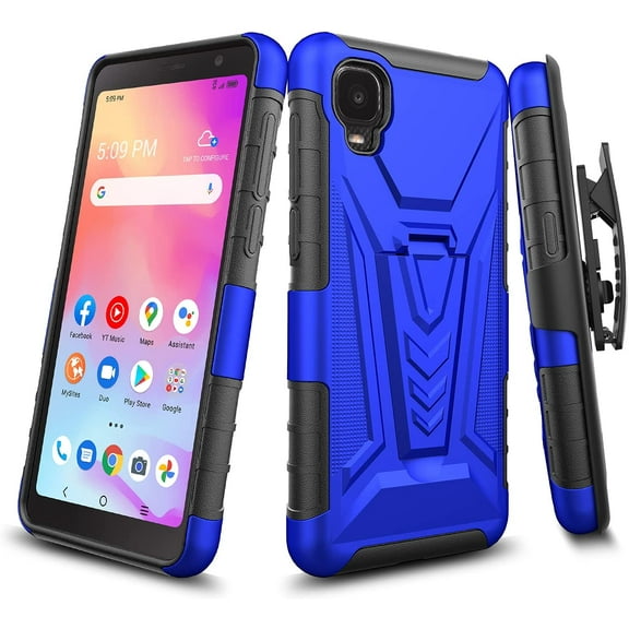 TCL ION Z / TCL A3 A509DL / TCL A30 Belt Clip Holster Kickstand Shock Proof Phone Case with Tempered Glass Screen Protector - Blue