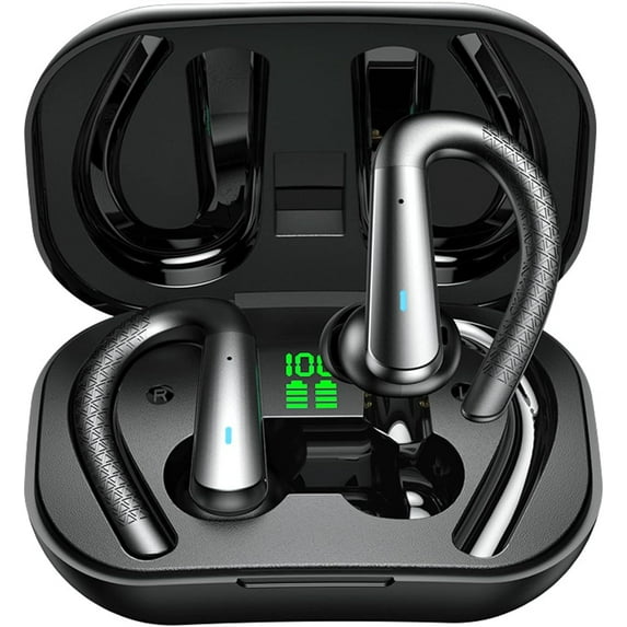 for TCL Lively Flip Bluetooth Headphones with Earhooks Waterproof IPX7 Over the Ear Wireless Sports Workout Earbuds with LED Display for Gym Running Exercise Fitness with Mic