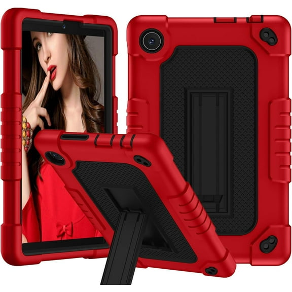 For TCL TAB 8 LE Tablet Model 9137W / for TCL TAB 8 WiFi Model 9132X for TCL Tab 8V / Tab 8 SE (6048E) Case with Shoulder Strap Soft Silicone Hard Back Rugged Full-Body Cover Case (Red Black)