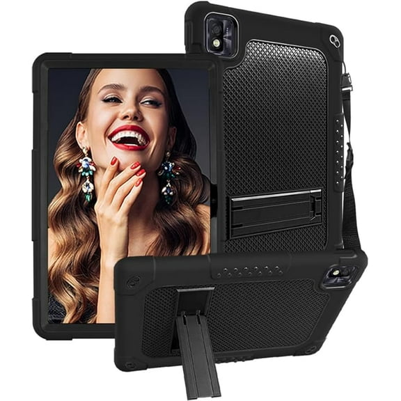 For TCL TAB10 5G 9183W / For TCL TAB 10s 10.1" FHD Tablet Case Soft Silicone Rubber Had Back Shell Kids Friendly Case Built in Stand Shoulder Strap For TCL TAB10 5G / TCL TAB 10s (Black+Black)