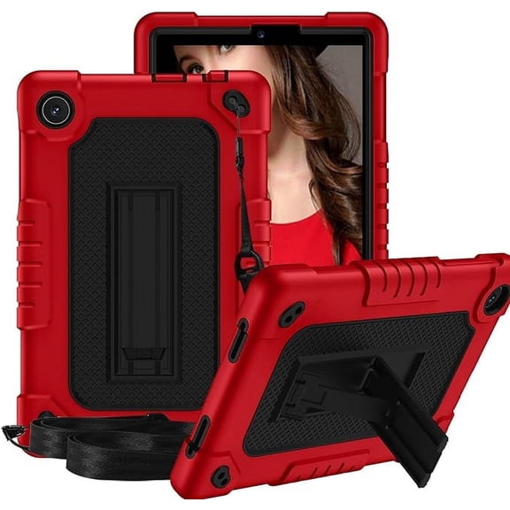 for TCL Tab 8 V/Tab 8 SE (6048E) Tablet Case Soft Silicone Rubber Heavy Duty Hybrid Had Back Shell Protection Shockproof Kids Friendly with Built in Stand Shoulder Strap (Black+Red)