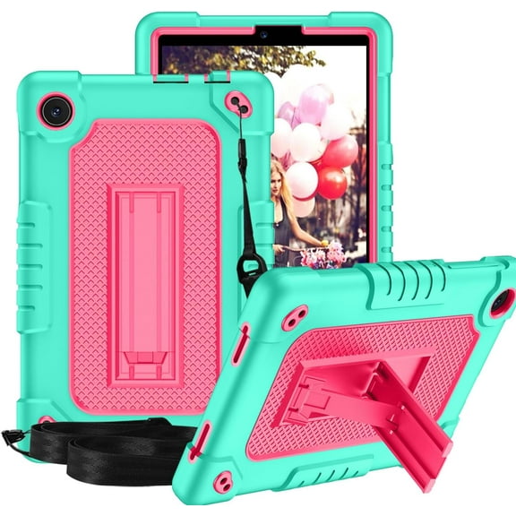 for TCL Tab 8 V/Tab 8 SE (6048E) Tablet Case Soft Silicone Rubber Heavy Duty Hybrid Had Back Shell Protection Shockproof Kids Friendly with Built in Stand Shoulder Strap (Green+Pink)
