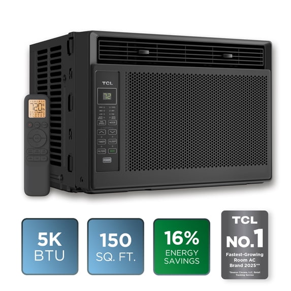 TCL 5,000 BTU Window Air Conditioner (Black) - Cools up to 150 sq ft, High-Efficiency with up to 16% Energy Savings, 3-in-1 Cooling, Fan, & Dehumidifier, Comfort Tracking Remote - W5WC72-B