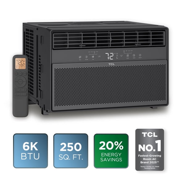 TCL 6,000 BTU Window Air Conditioner (Black) - Cools up to 250 Sq ft, High-Efficiency with up to 20% Energy Savings, 3-in-1 Cooling, Fan, & Dehumidifier, Comfort Tracking Remote - W6WC72-B