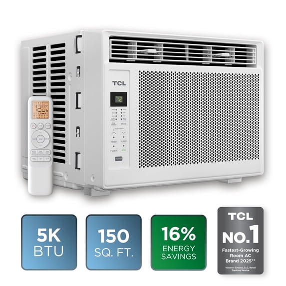 TCL 5,000 BTU Window Air Conditioner (White) - Cools up to 150 sq ft, High-Efficiency with up to 16% Energy Savings, 3-in-1 Cooling, Fan, & Dehumidifier, Comfort Tracking Remote - W5WC72
